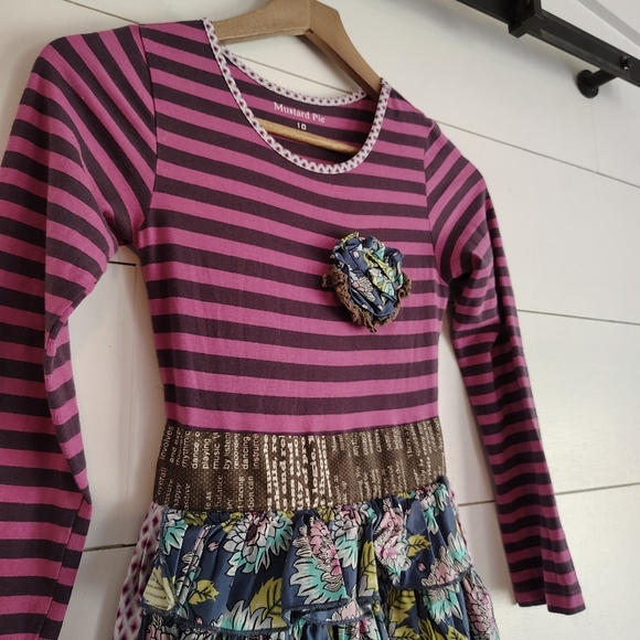 Girl's Mustard Pie Pink Brown Stripe Floral Tiered Tie Back Layered Dress Sz 10 - Picture 3 of 8